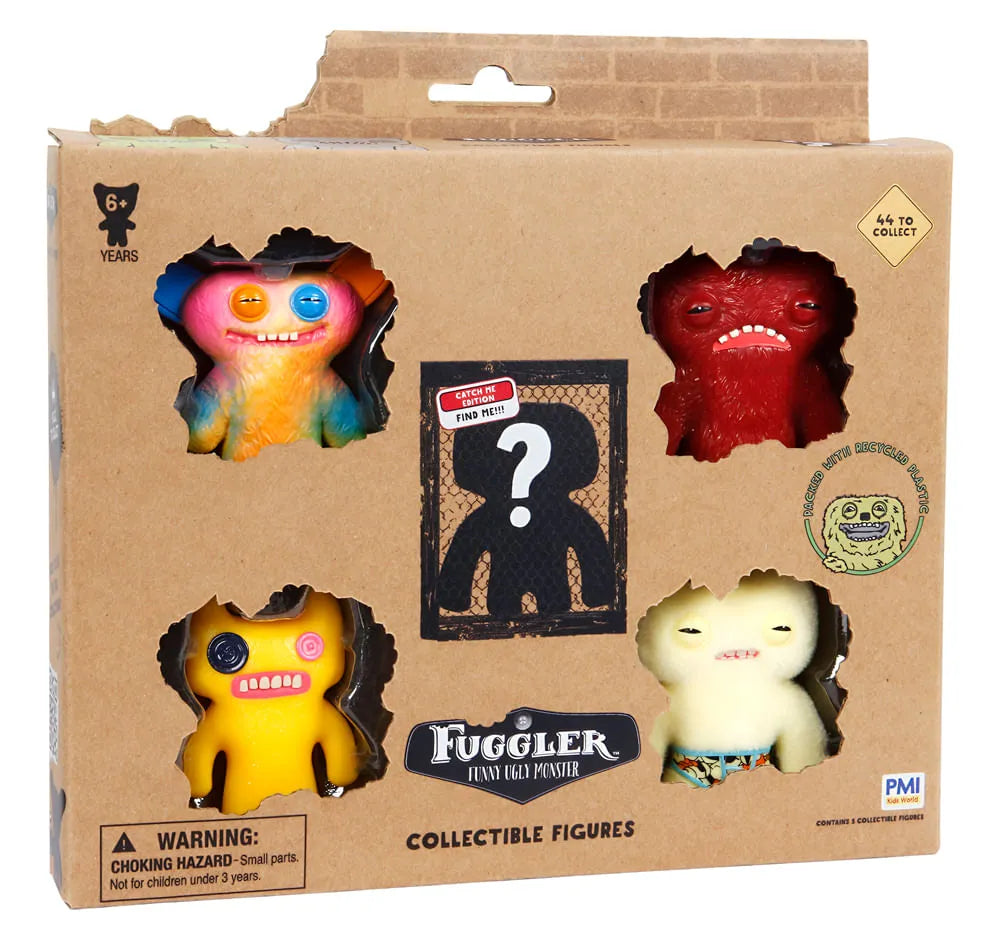 Kit com 5 Mini Bonecos Fuggler 6cm Bege, Amarelo, Tie-Dye e Vermelho