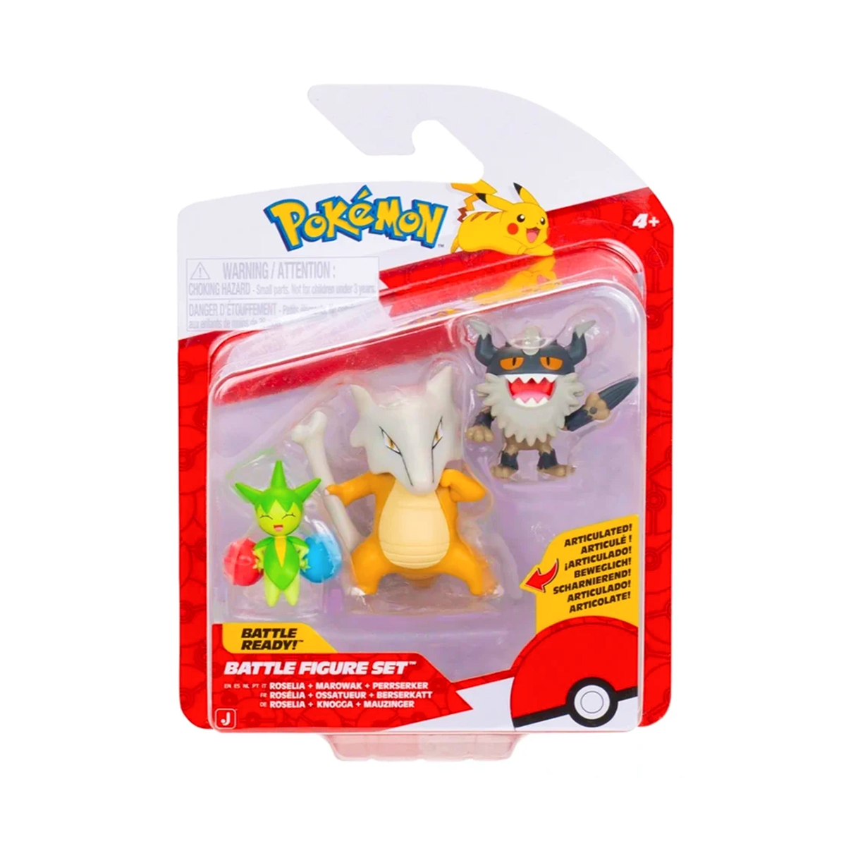 3 Bonecos de Batalha Roselia, Perrserker e Marowak - Pokémon